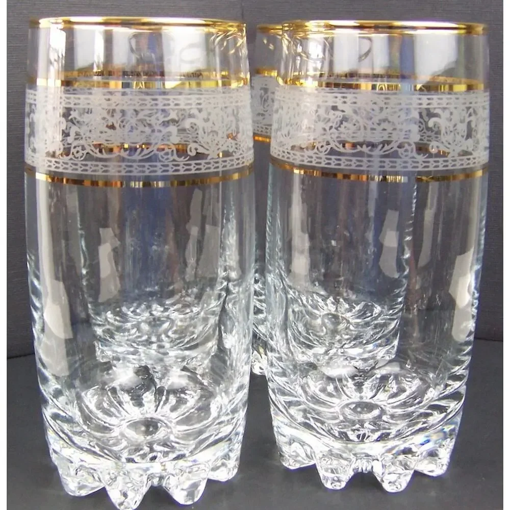 Vintage Paloma Gold & Lace Crystal Highball Glasses Set of 4 Hand Decorated